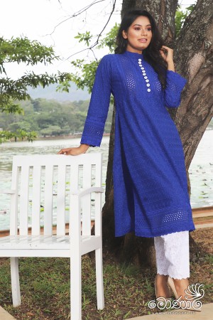 BLUE CUTWORK KURTA & WHITE PANT