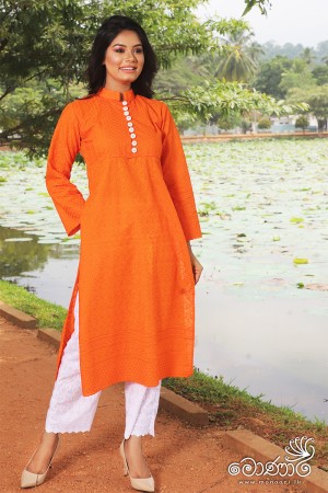 ORANGE CUTWORK KURTA & WHITE PANT