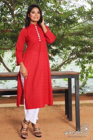 RED CUTWORK KURTA & WHITE PANT